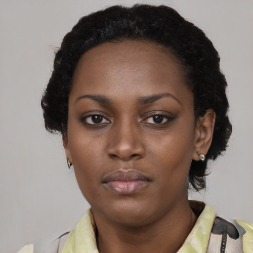 Neutral black young-adult female with short  black hair and brown eyes