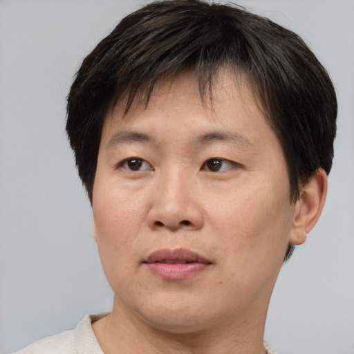 Neutral asian adult male with short  brown hair and brown eyes