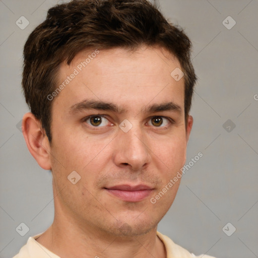 Neutral white young-adult male with short  brown hair and brown eyes