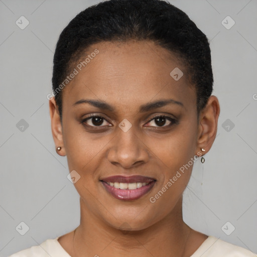 Joyful latino young-adult female with short  brown hair and brown eyes