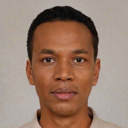 Neutral black young-adult male with short  black hair and brown eyes