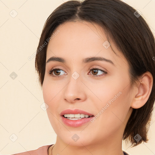 Joyful white young-adult female with medium  brown hair and brown eyes