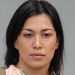 Neutral asian young-adult female with medium  brown hair and brown eyes