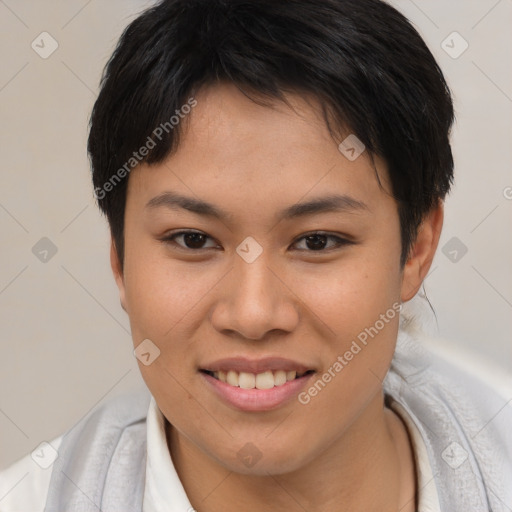 Joyful asian young-adult female with short  brown hair and brown eyes