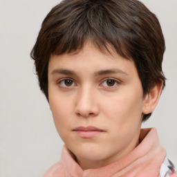 Neutral white young-adult female with short  brown hair and brown eyes