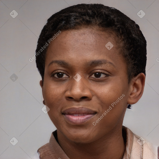 Joyful black young-adult female with short  black hair and brown eyes