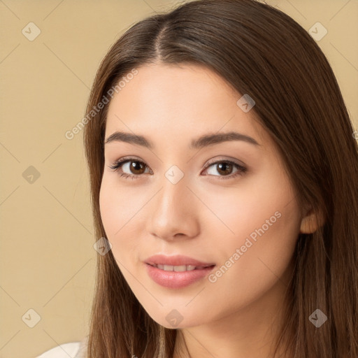 Neutral white young-adult female with long  brown hair and brown eyes