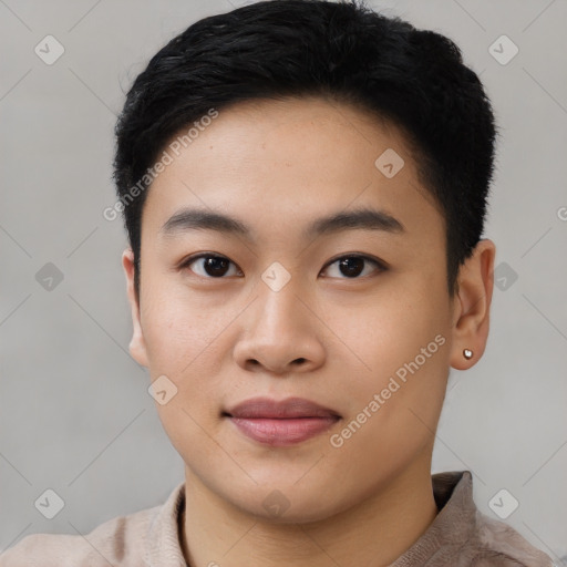 Joyful asian young-adult male with short  black hair and brown eyes