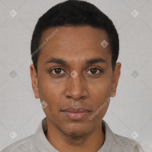Neutral black young-adult male with short  black hair and brown eyes