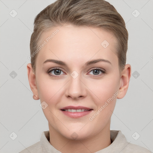 Joyful white young-adult female with short  brown hair and grey eyes