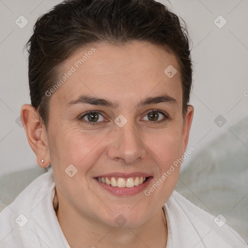 Joyful white young-adult female with short  brown hair and brown eyes