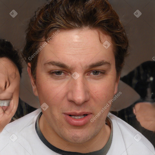 Joyful white adult female with short  brown hair and brown eyes