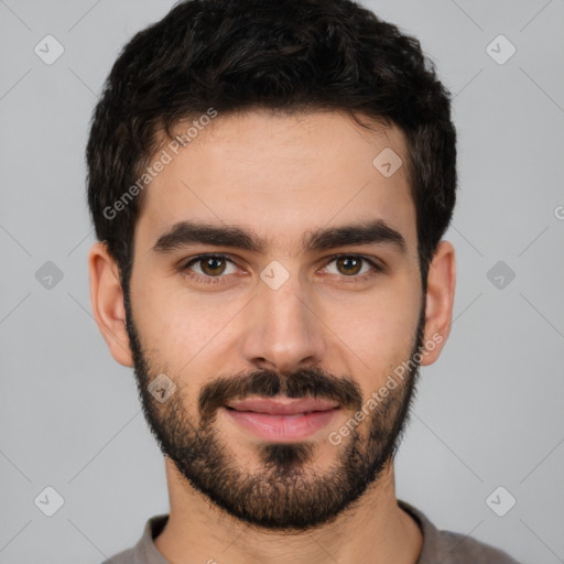 Joyful white young-adult male with short  black hair and brown eyes