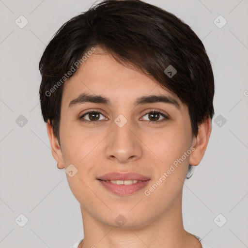 Joyful white young-adult female with short  brown hair and brown eyes