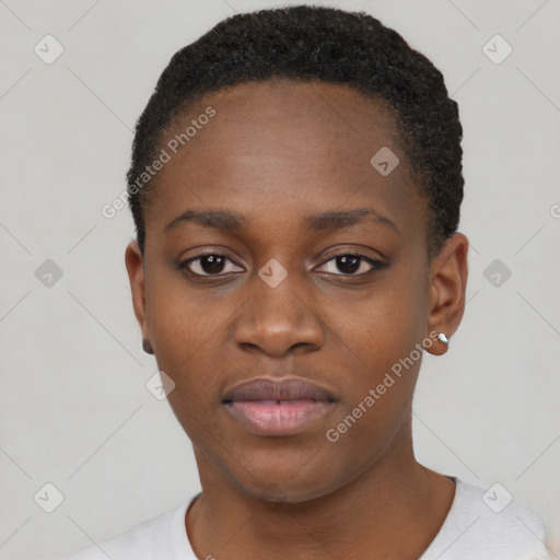 Neutral black young-adult female with short  brown hair and brown eyes