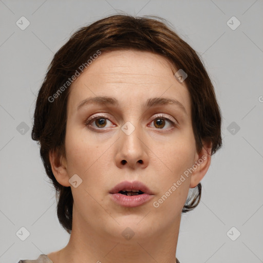 Neutral white young-adult female with medium  brown hair and brown eyes