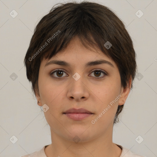 Neutral white young-adult female with medium  brown hair and brown eyes