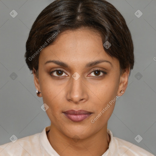 Neutral latino young-adult female with short  brown hair and brown eyes