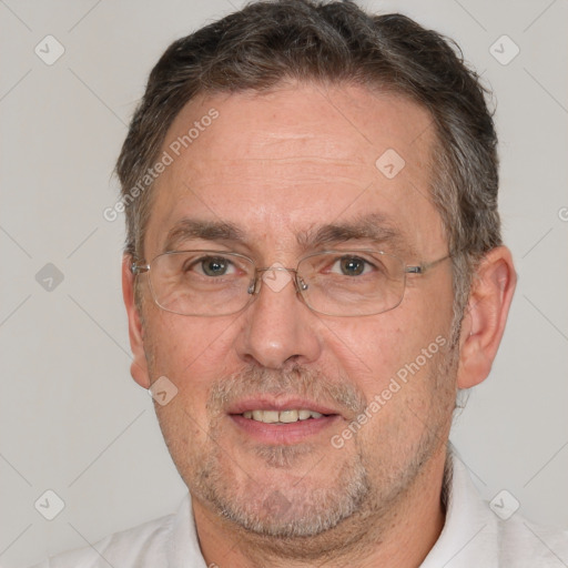 Joyful white middle-aged male with short  brown hair and brown eyes