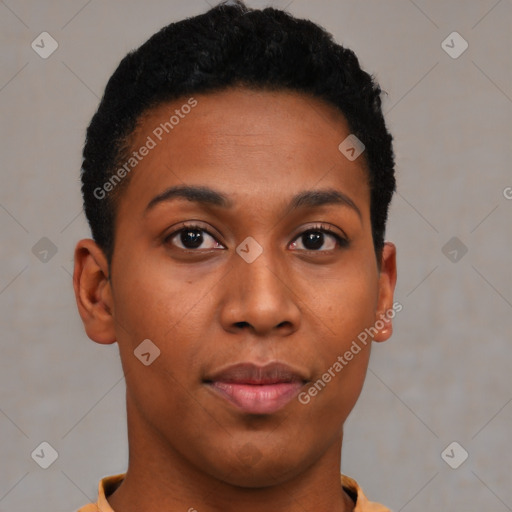Joyful black young-adult female with short  brown hair and brown eyes