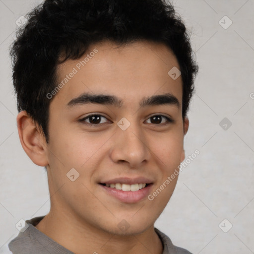 Joyful latino young-adult male with short  brown hair and brown eyes