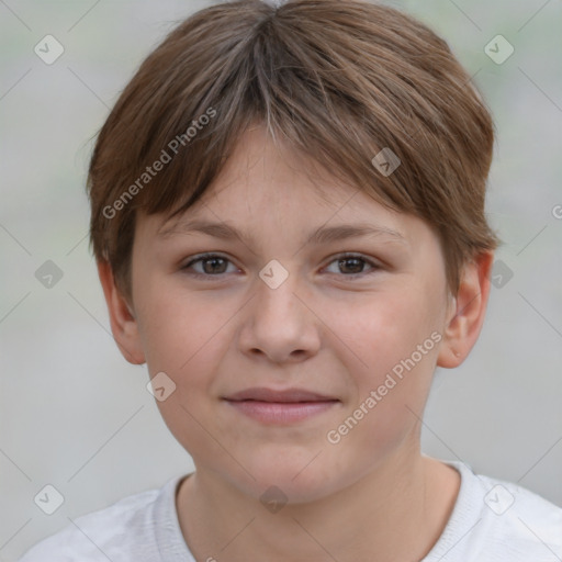 Joyful white child female with short  brown hair and brown eyes