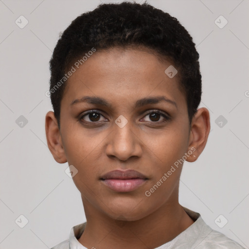 Joyful black young-adult female with short  brown hair and brown eyes