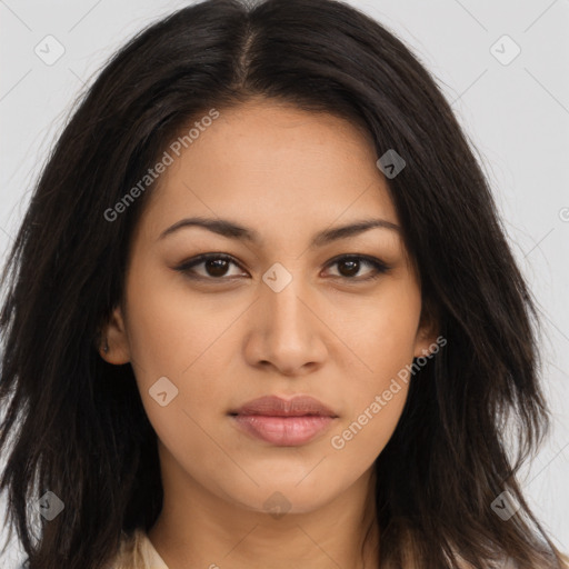 Joyful latino young-adult female with long  brown hair and brown eyes