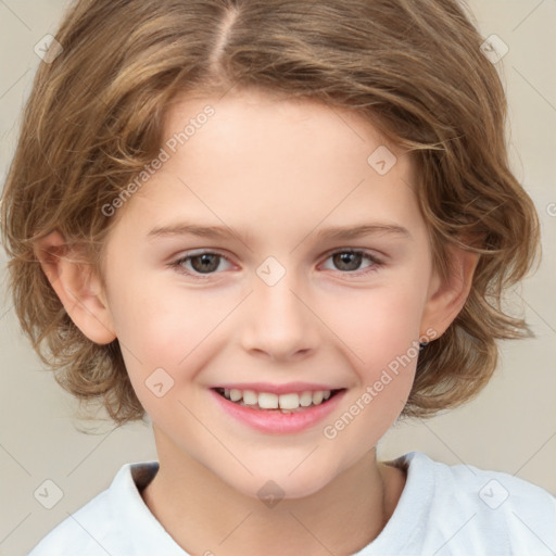 Joyful white child female with medium  brown hair and brown eyes