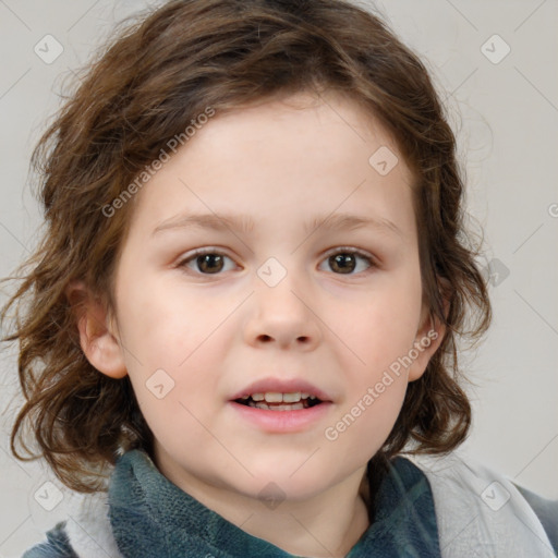 Neutral white child female with medium  brown hair and blue eyes