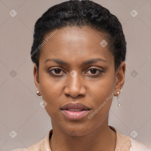 Joyful black young-adult female with short  brown hair and brown eyes