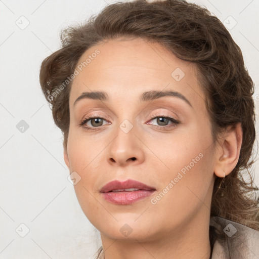 Neutral white young-adult female with medium  brown hair and brown eyes