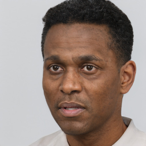 Neutral black adult male with short  black hair and brown eyes