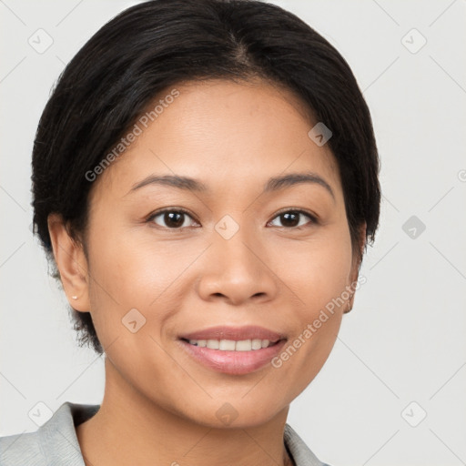 Joyful white young-adult female with short  brown hair and brown eyes