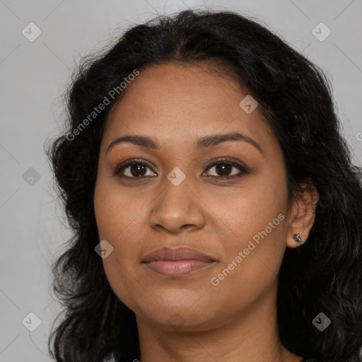Joyful latino young-adult female with long  brown hair and brown eyes