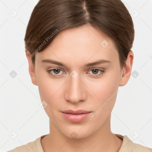 Neutral white young-adult female with short  brown hair and brown eyes