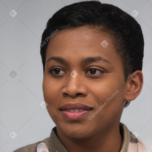 Joyful black young-adult female with short  black hair and brown eyes