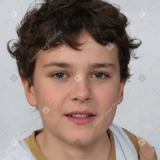 Joyful white child male with short  brown hair and brown eyes