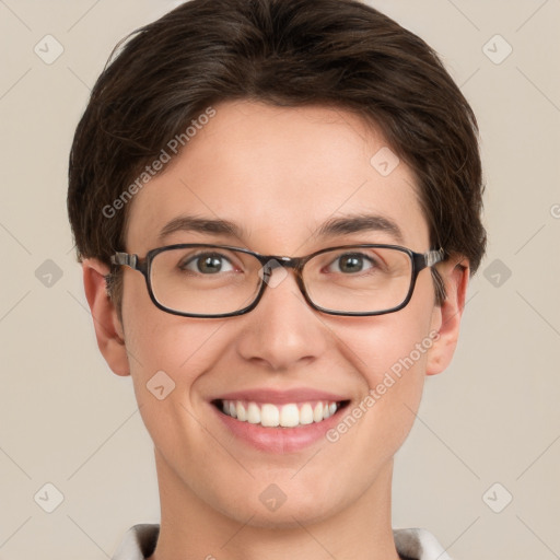 Joyful white young-adult female with short  brown hair and grey eyes