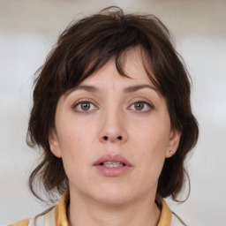 Neutral white young-adult female with medium  brown hair and brown eyes