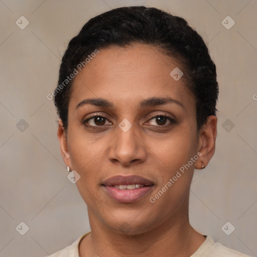 Joyful latino young-adult female with short  black hair and brown eyes