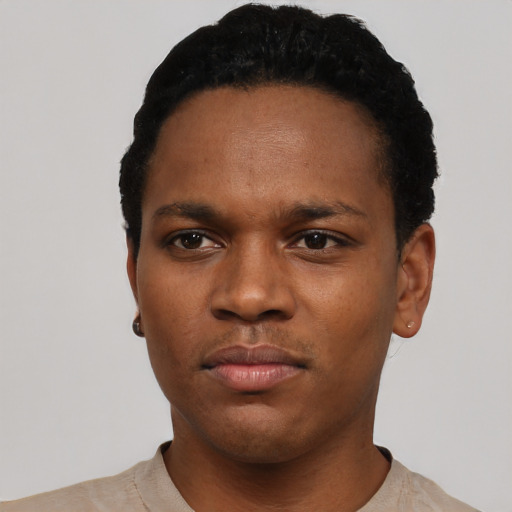 Neutral black young-adult male with short  black hair and brown eyes