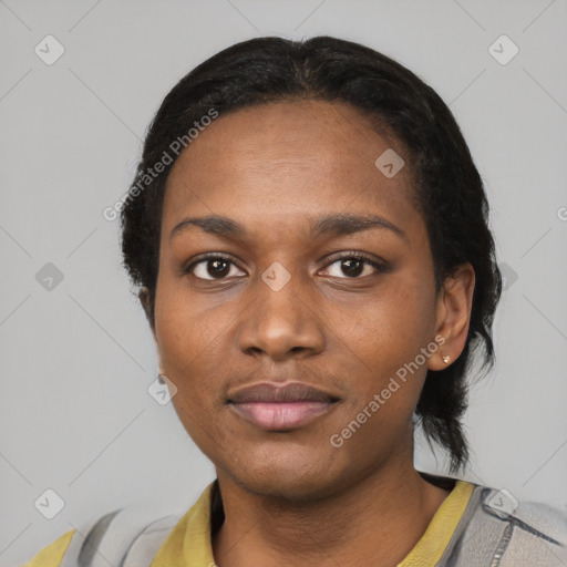 Neutral black young-adult female with short  black hair and brown eyes