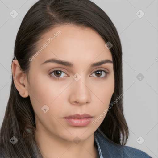 Neutral white young-adult female with long  brown hair and brown eyes