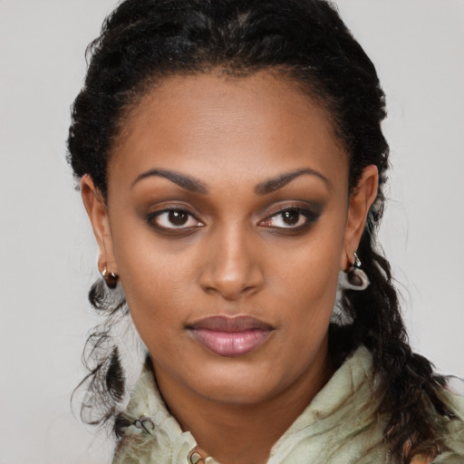 Neutral black young-adult female with long  black hair and brown eyes