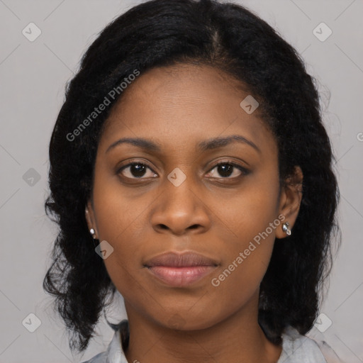 Joyful latino young-adult female with medium  black hair and brown eyes