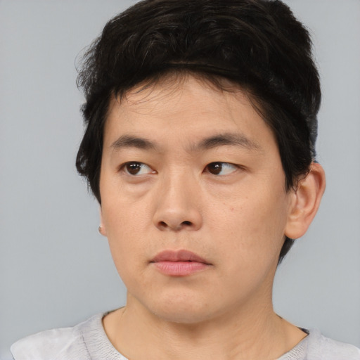 Neutral asian young-adult male with short  brown hair and brown eyes