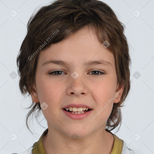 Joyful white child female with medium  brown hair and brown eyes