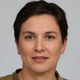 Joyful white adult female with short  brown hair and grey eyes