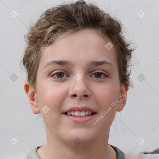 Joyful white child female with short  brown hair and brown eyes